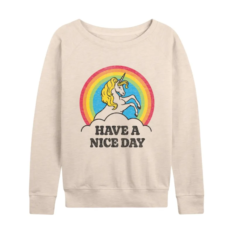 Instant Message - Unicorn Have A Nice Day - Women's Lightweight French Terry Long Sleeve Shirt sold by Zulily