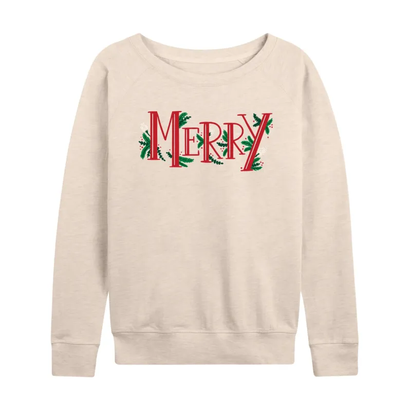 Instant Message - Merry With Garland Christmas - Women's Lightweight French Terry Long Sleeve Shirt sold by Zulily