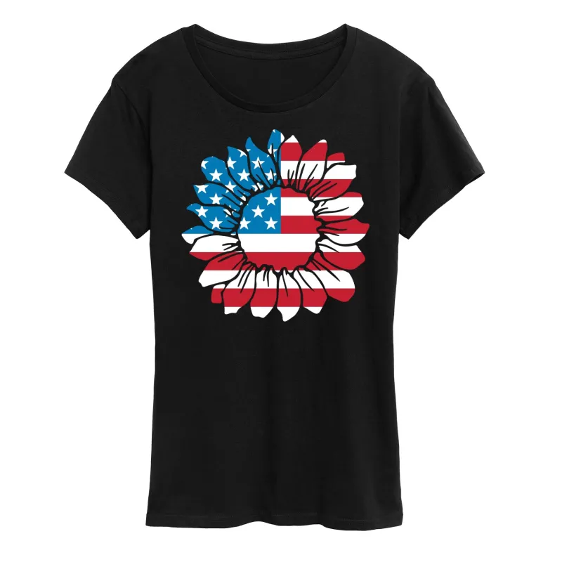 Instant Message - American Flag Sunflower - Women's Short Sleeve Graphic T-Shirt made by Zulily