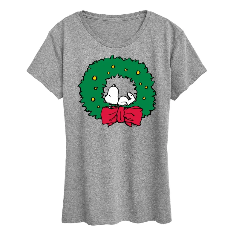 Peanuts - Snoopy Christmas Wreath - Women's Short Sleeve Graphic T-Shirt sold by Zulily
