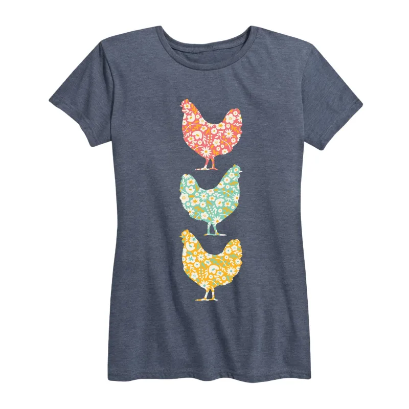 Instant Message - Stacked Patterned Chickens - Women's Short Sleeve Graphic T-shirt sold by Zulily