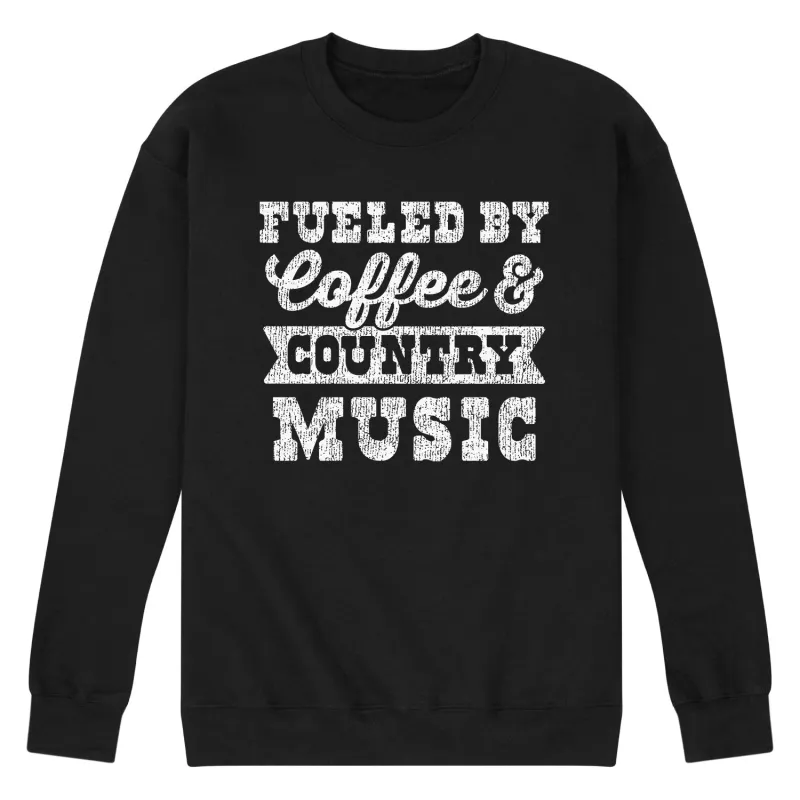 Instant Message - Fueled by Coffee and Country Music - Men's Long Sleeve Crew Fleece Sweatshirt sold by Zulily