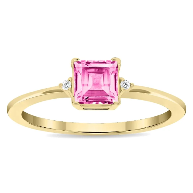 Women's Square Shaped Pink Topaz and Diamond Classic Band in 10K Yellow Gold sold by Zulily