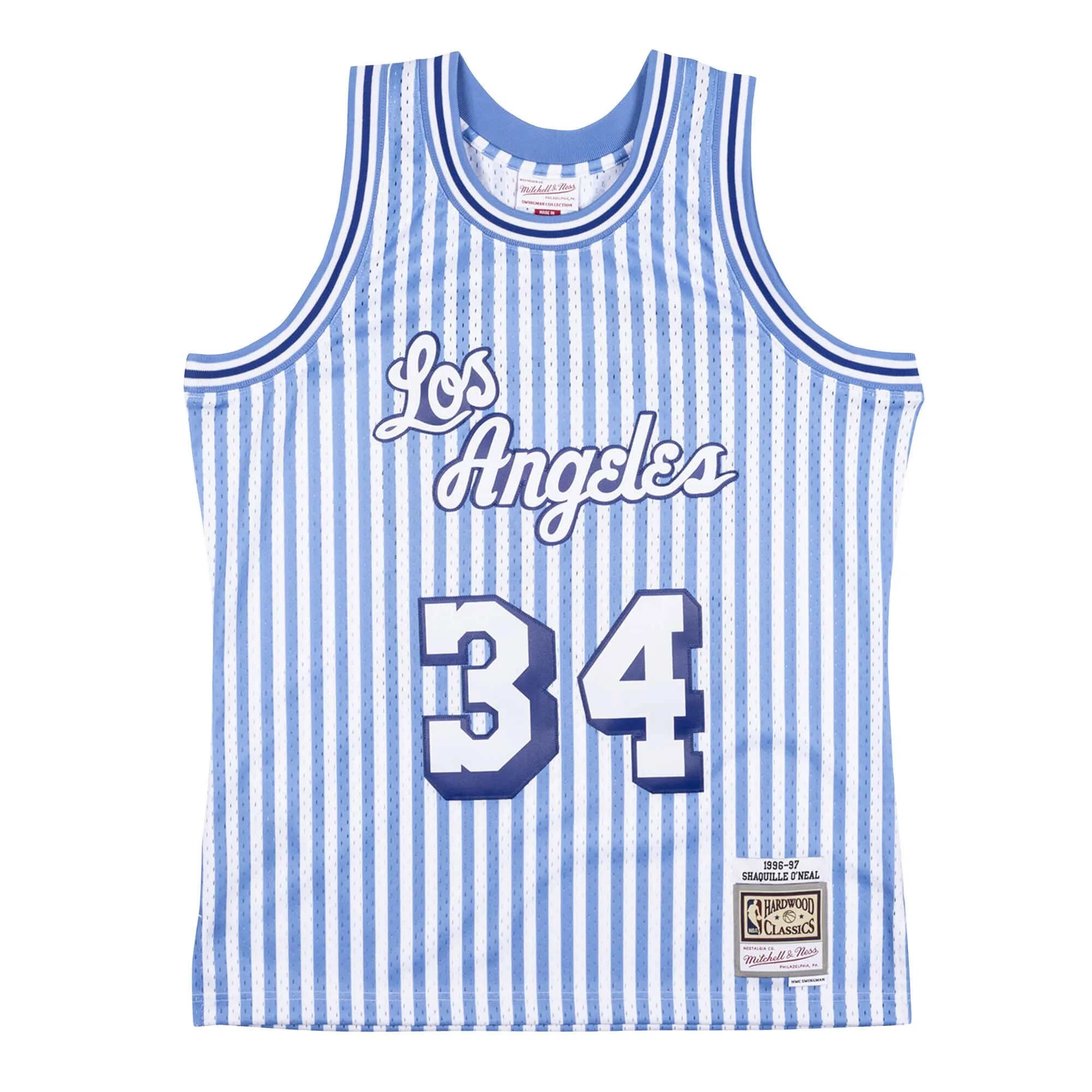Men's Mitchell & Ness NBA Striped Swingman Jersey 1996 La Lakers Shaquille O'Neal sold by Zulily