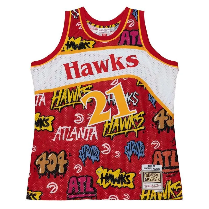 Men's Mitchell & Ness Slap Sticker Swingman Jersey Hawks 1986 Dominique Wilkins sold by Zulily