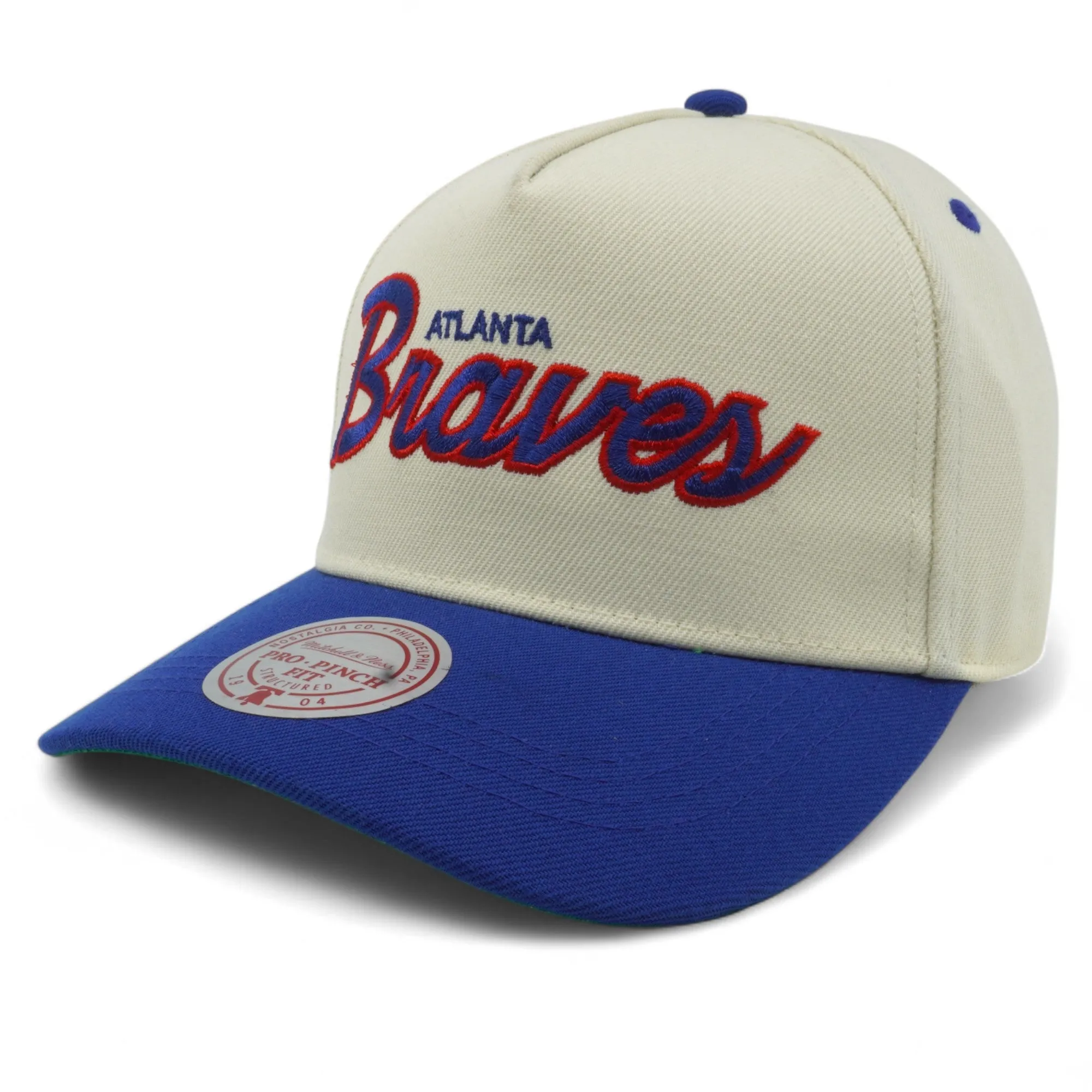 Men's Mitchell & Ness MLB Hat Trick Script Pro Pinch Snapback Coop Braves - Cream sold by Zulily