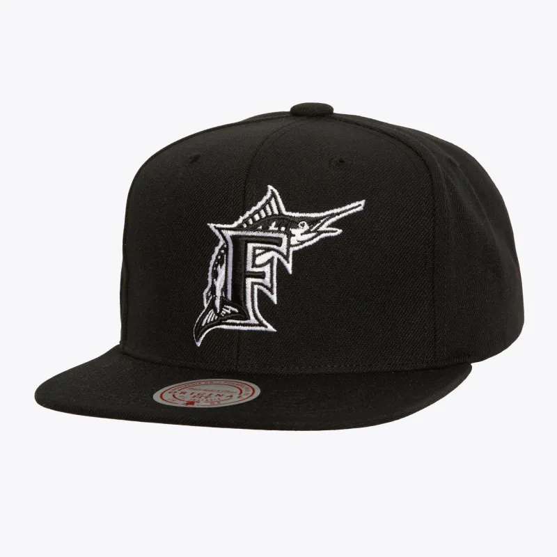 Men's Mitchell & Ness MLB Evergreen Black White Snapback Coop Marlins sold by Zulily