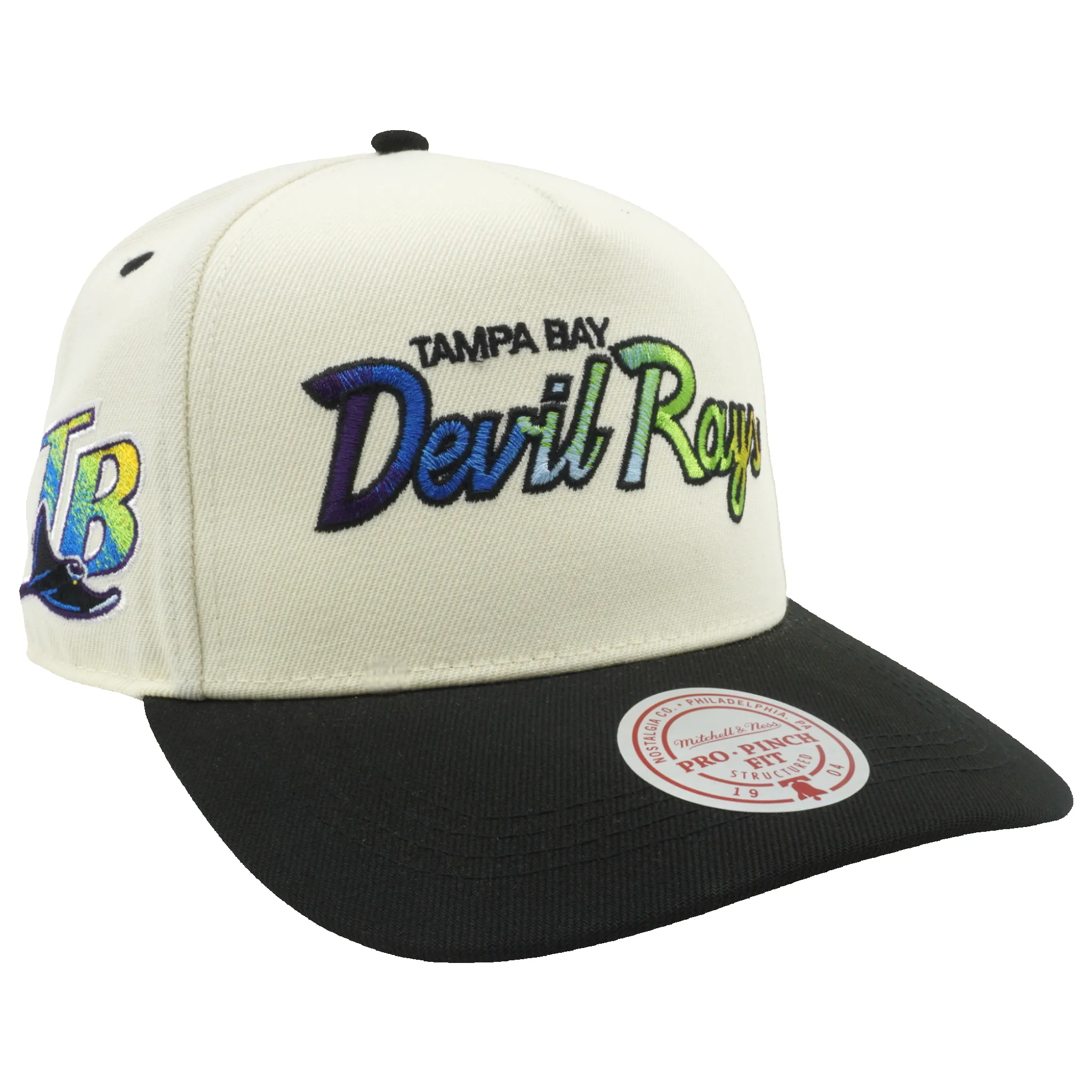 Men's Mitchell & Ness MLB Hat Trick Script Pro Pinch Snapback Coop Rays - Cream sold by Zulily