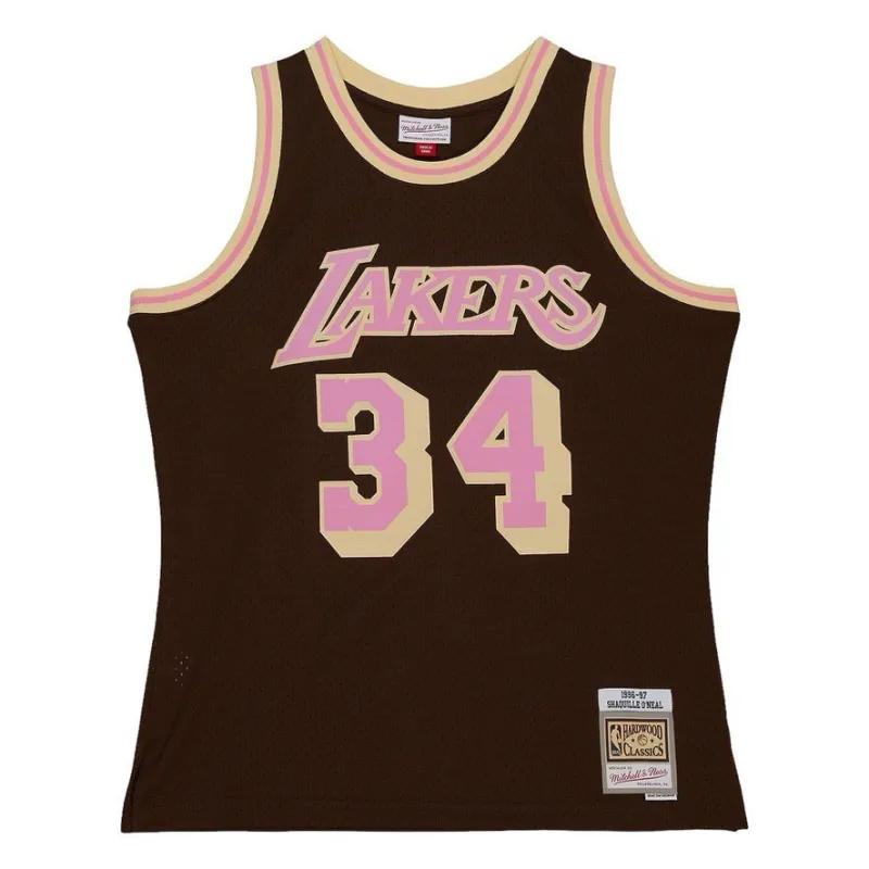 Men's Mitchell & Ness Brown Sugar Bacon Swingman Jersey Lakers 1996 Shaq O'Neal sold by Zulily