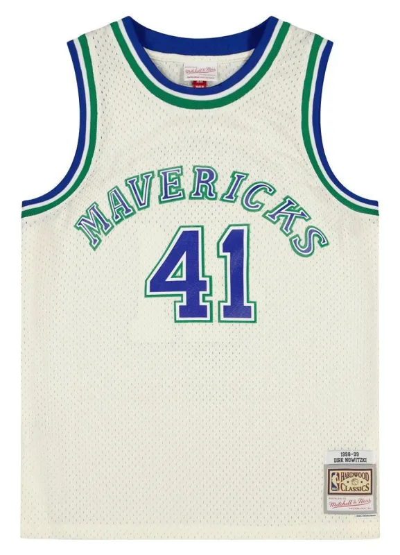 Men's Mitchell & Ness Cream Swingman Jersey Mavericks 1998 Dirk Nowitzki sold by Zulily