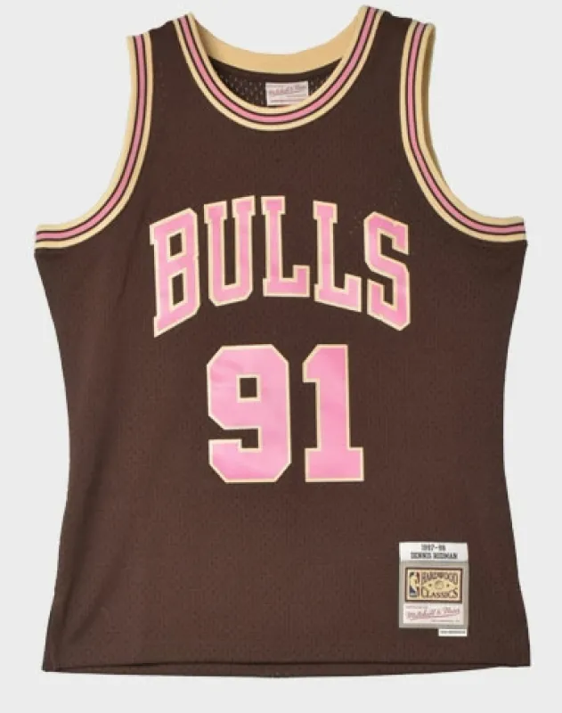 Men's Mitchell & Ness Brown Sugar Bacon Swingman Jersey Bulls 1997 Dennis Rodman sold by Zulily