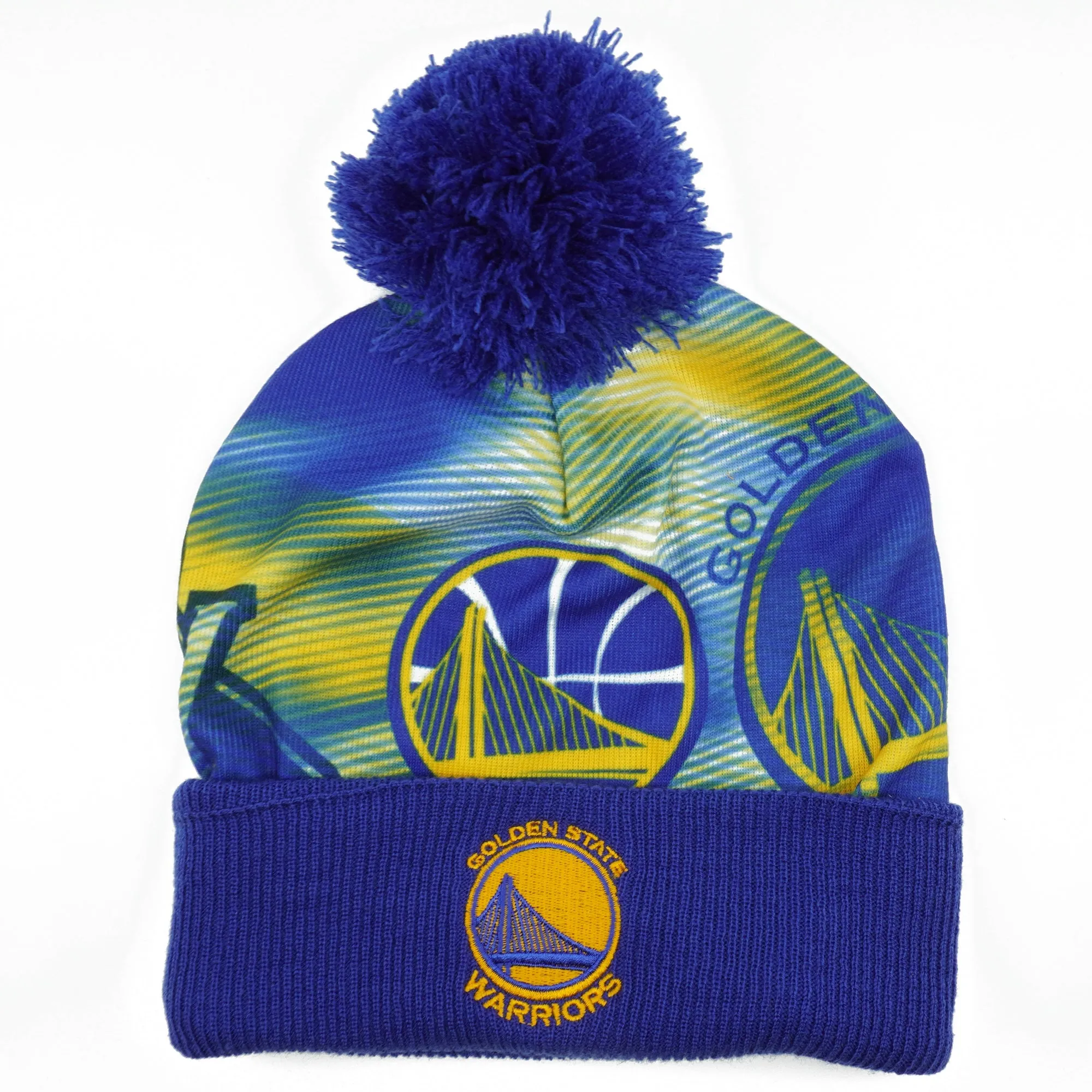 Men's Mitchell & Ness NBA Golden State Warriors Sublimated Cuffed Pom Beanie sold by Zulily