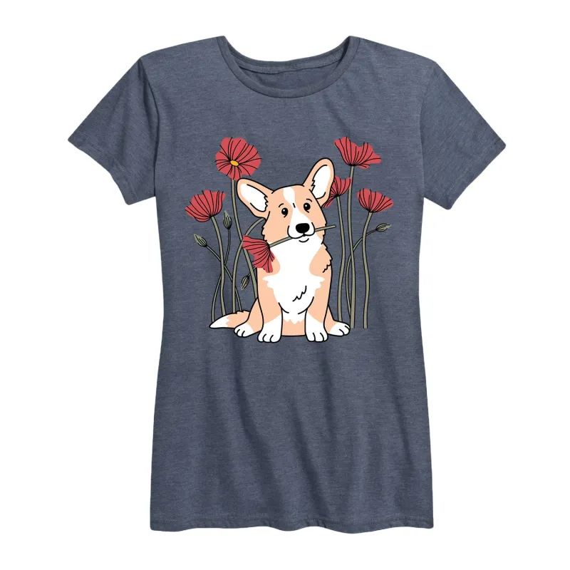 Instant Message - Corgi With Poppies - Women's Short Sleeve Graphic T-shirt sold by Zulily