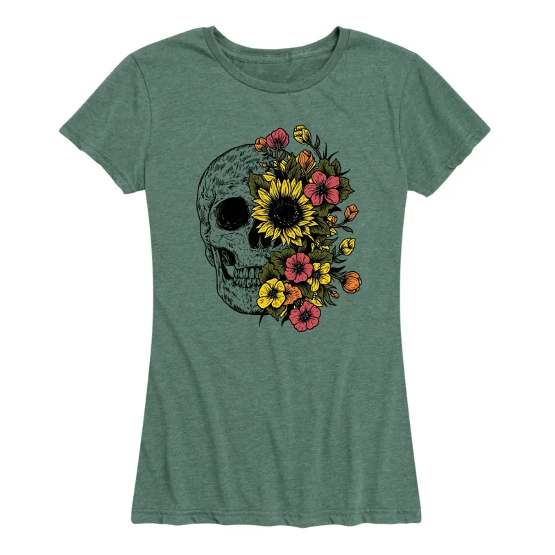 Instant Message - Half Skull Half Flowers Fall - Women's Short Sleeve Graphic T-shirt sold by Zulily