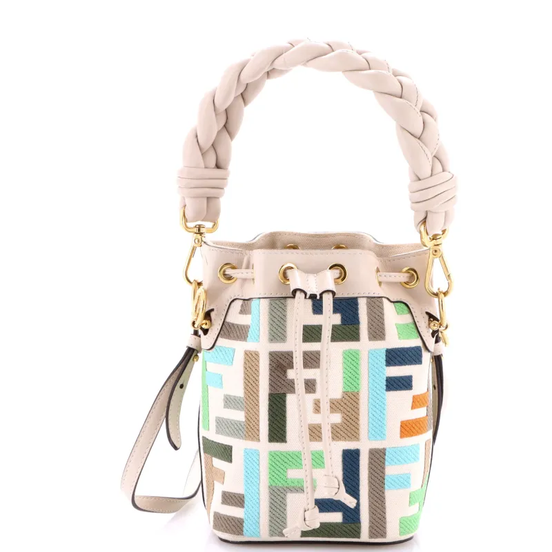 Pre-Loved Fendi Woven Handle Mon Tresor Bucket Bag Zucca Embroidered Canvas Mini sold by Zulily
