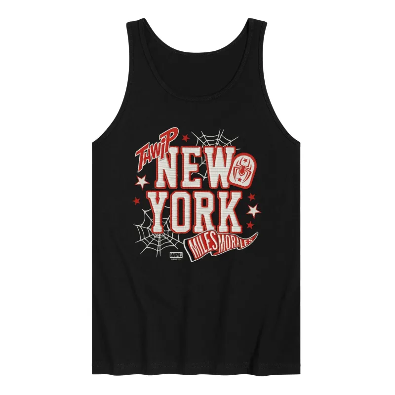 Spider-Man - NYC Miles Faux Patches - Men's Sleeveless Graphic Tank sold by Zulily