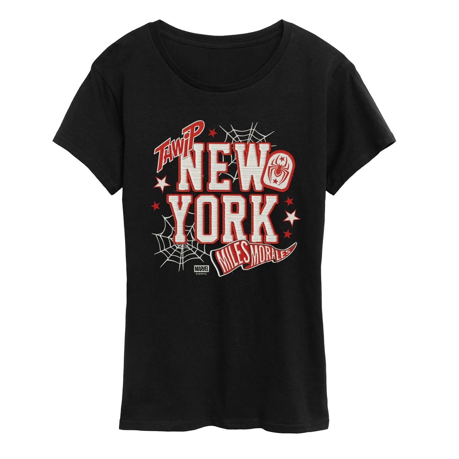 Spider-Man - NYC Miles Faux Patches - Women's Short Sleeve Graphic T-Shirt sold by Zulily