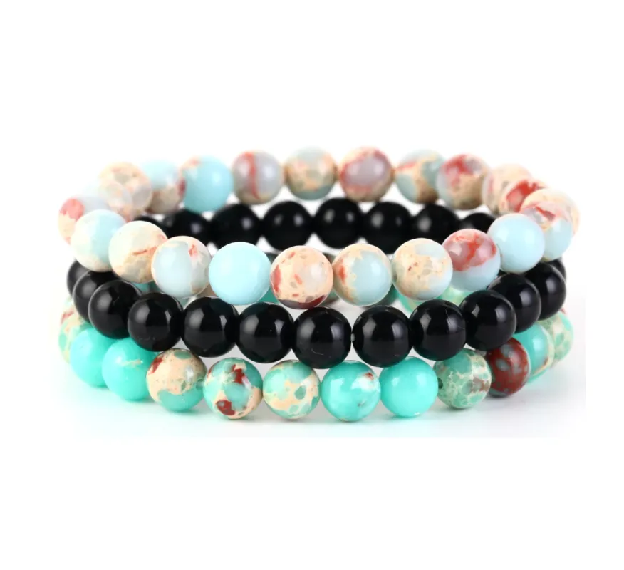 Micalla Semi-Precious Gemstone Beaded Stretch Set Of 3 Bracelets - Jasper And Onyx sold by Zulily