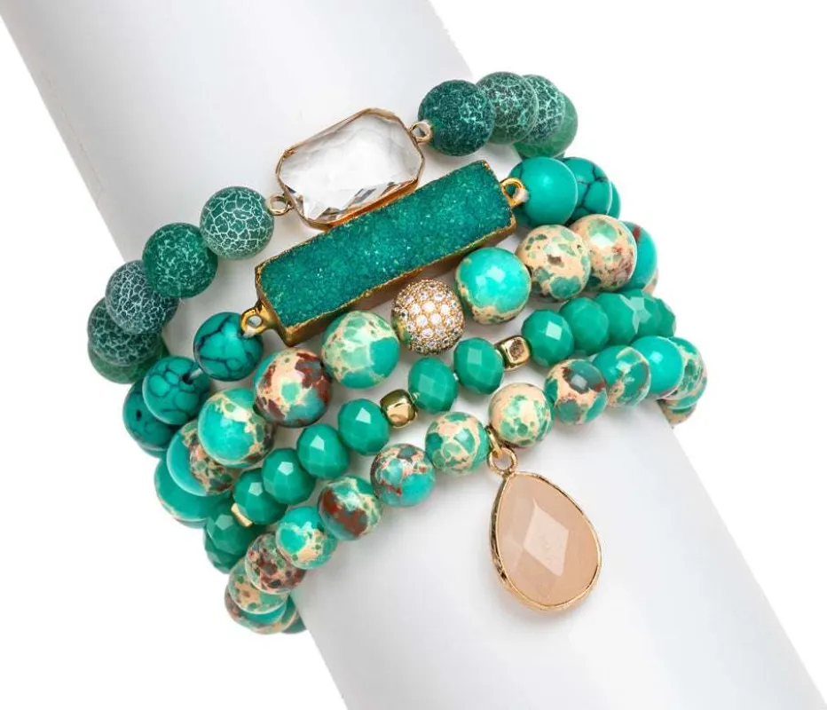 Micalla Set Of 5 Agate And Druzy Beaded Bracelets With Gold-Plated Brass Accents In Green sold by Zulily