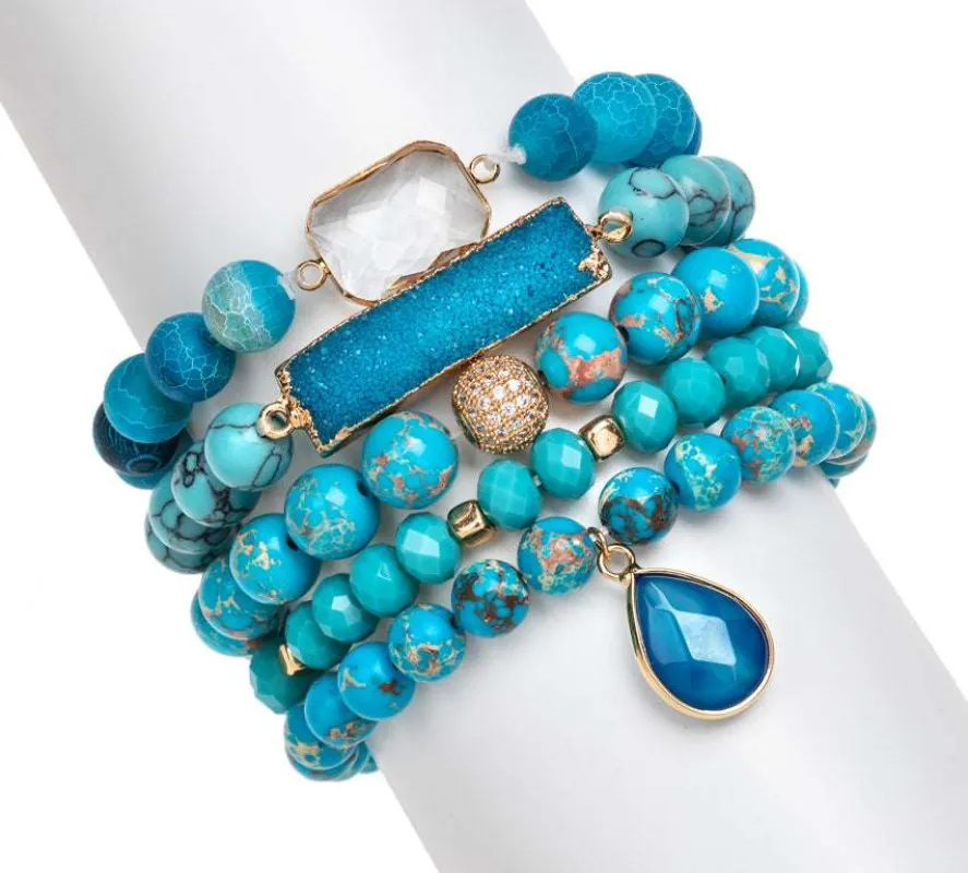 Micalla Set Of 5 Agate And Druzy Beaded Bracelets With Gold-Plated Brass Accents In Teal sold by Zulily