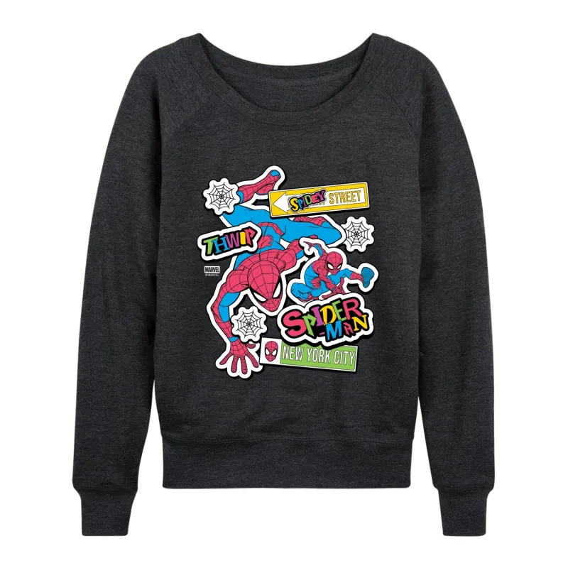Marvel - Spidey Bright Stickers - Women's French Terry Long Sleeve Pullover sold by Zulily