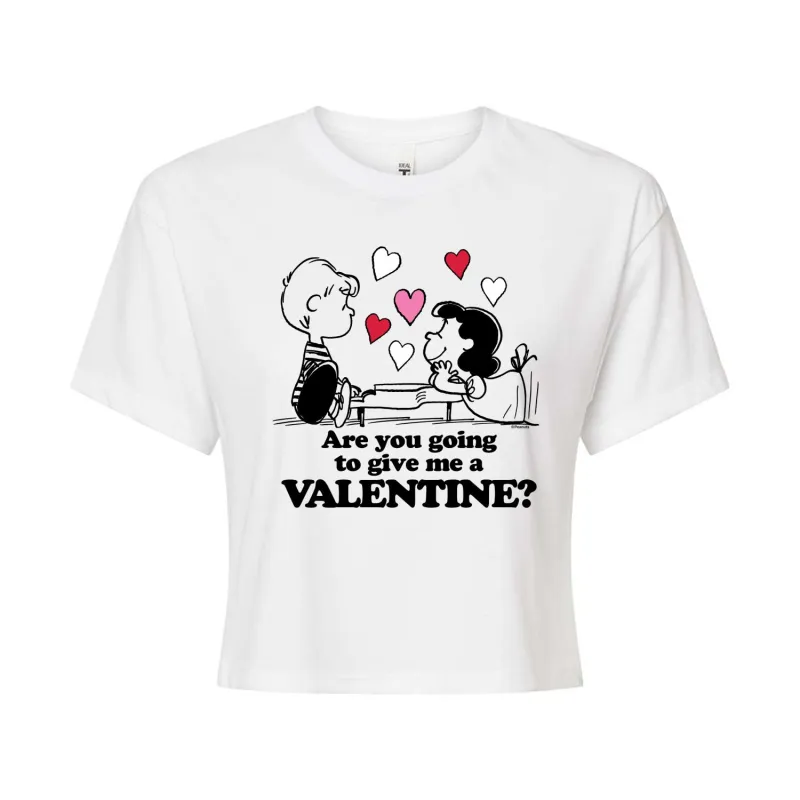 Peanuts - Lucy and Schroeder Valentine - Juniors Cropped Graphic T-Shirt sold by Zulily