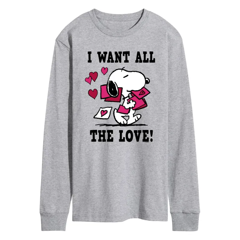 Peanuts - I Want All the Love! - Men's Long Sleeve Graphic T-Shirt sold by Zulily