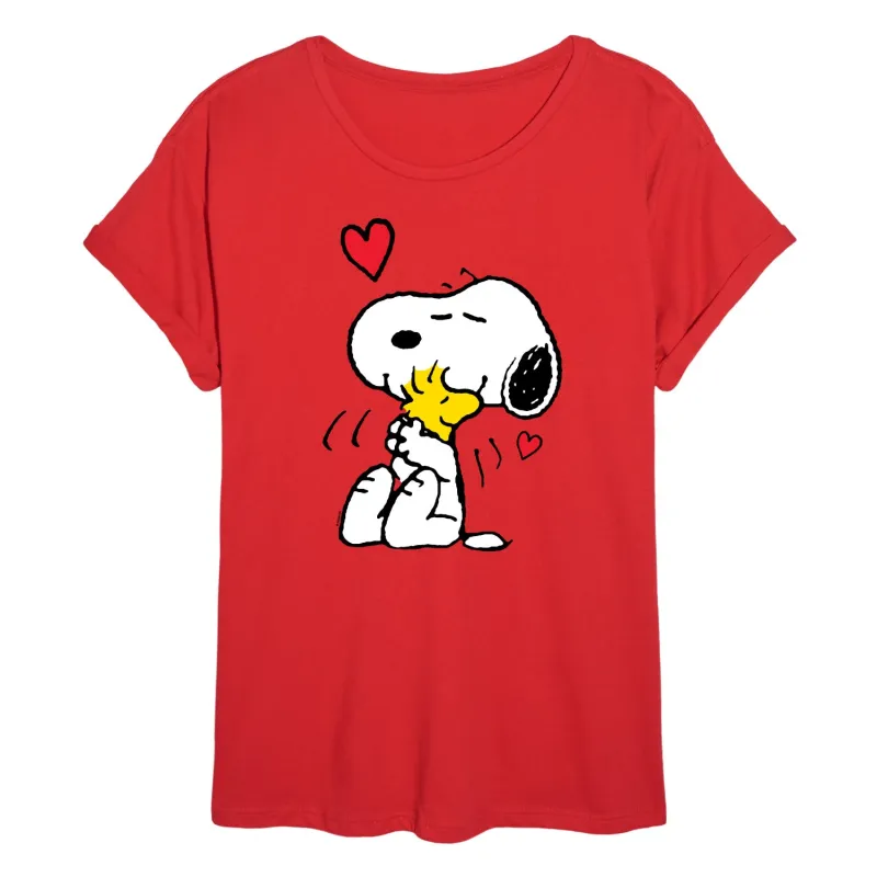 Peanuts - Snoopy and Woodstock Hug - Juniors Oversized Graphic T-Shirt sold by Zulily