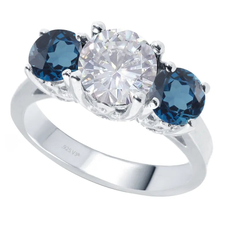 V3 Jewelry Sterling Silver with Moissanite and London Blue Topaz Three-Stone Ring sold by Zulily
