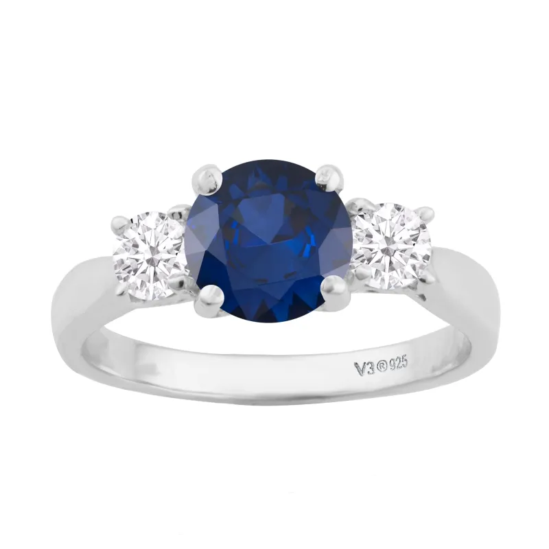 V3 Jewelry Sterling Silver with Blue Sapphire and Moissanite Three Stone Ring sold by Zulily