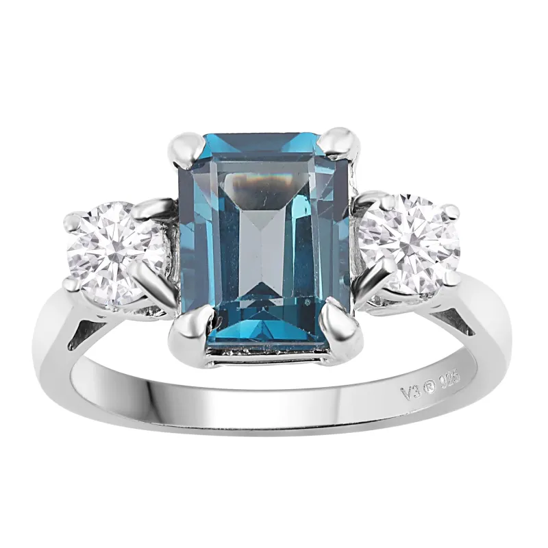 V3 Jewelry Sterling Silver with London Blue Topaz and Moissanite Three Stone Ring sold by Zulily