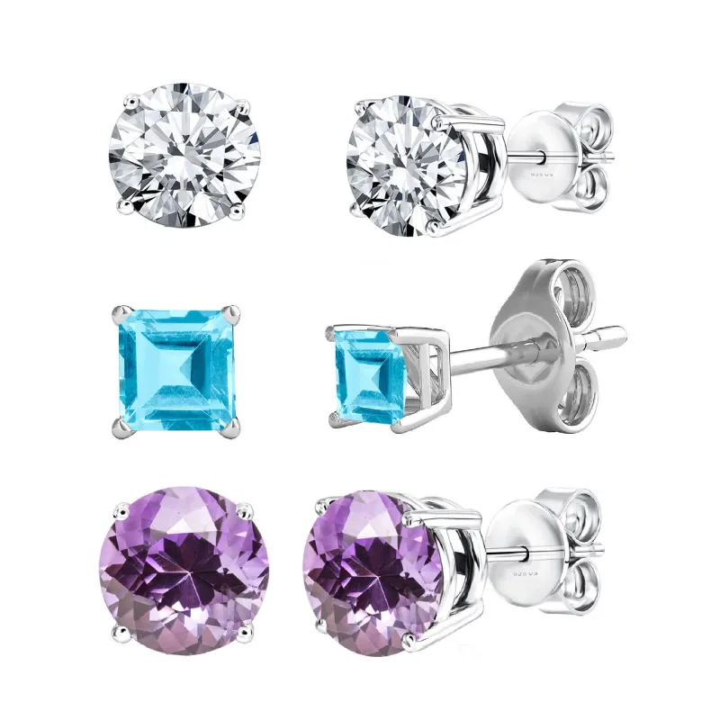 V3 Jewelry Sterling Silver Set of 3 -Natural Amethyst, White Topaz and Sky Blue Topaz Stud Earrings sold by Zulily