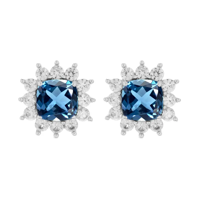 V3 Jewelry Sterling Silver with Cushion Cut Natural London Blue Topaz and White Zircon Halo Stud Earrings sold by Zulily