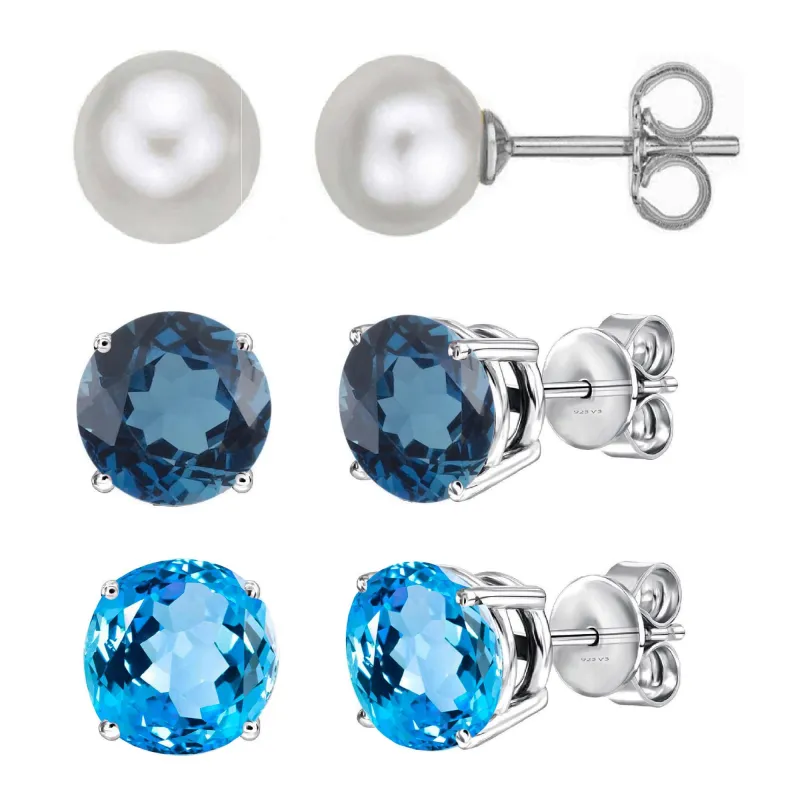 V3 Jewelry Sterling Silver Set of Natural Freshwater Pearl, London Blue Topaz and Swiss Blue Topaz Stud Earrings sold by Zulily