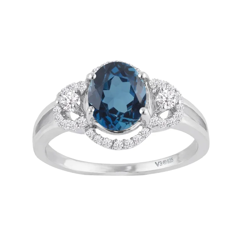 V3 Jewelry 925 Sterling Silver 1.97 Carat Oval Cut Natural London Blue Topaz and White Zircon Halo Ring sold by Zulily