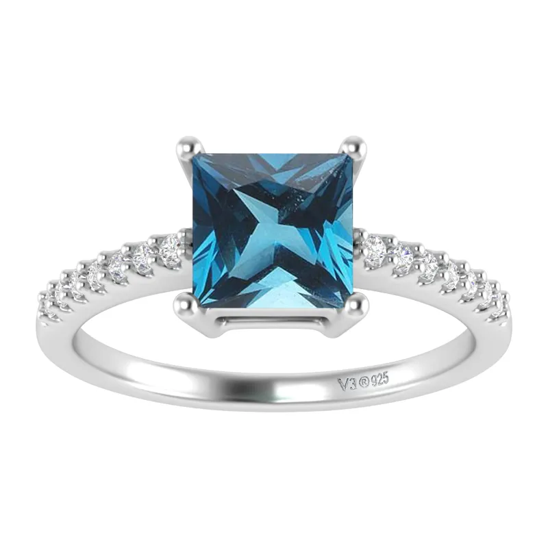 V3 Jewelry 925 Sterling Silver 1.50 Carat Princess Cut Natural London Blue Topaz and White Topaz Engagement Ring sold by Zulily