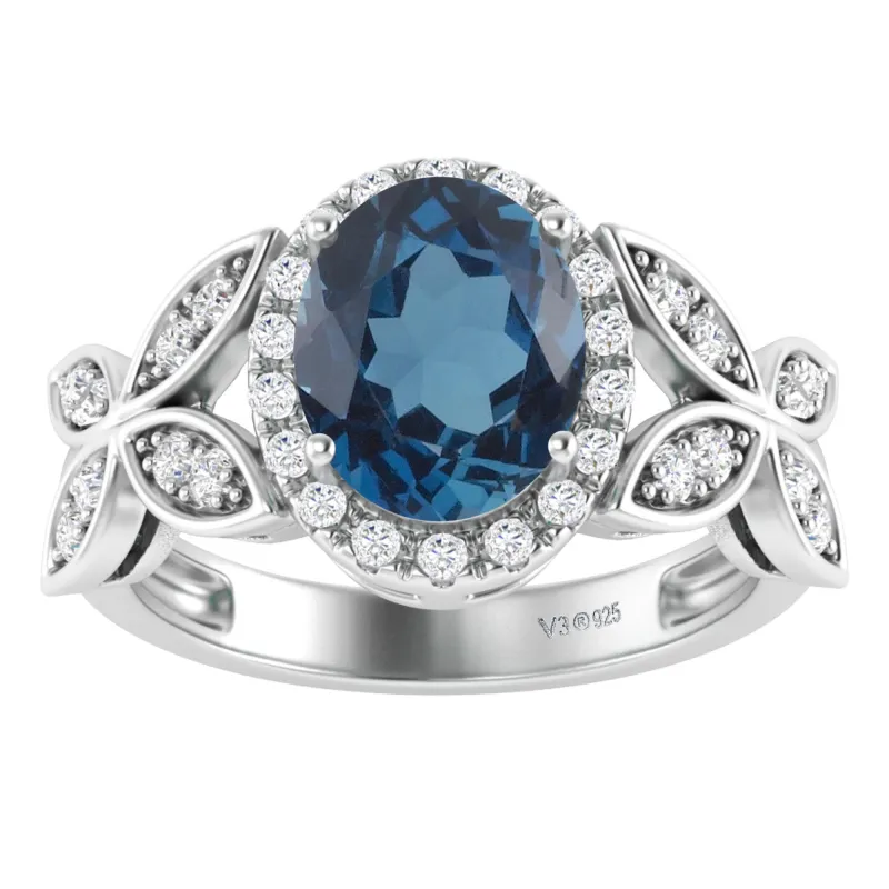 V3 Jewelry 925 Sterling Silver with 2.40 CTTW Natural London Blue Topaz and White Topaz Halo Ring sold by Zulily