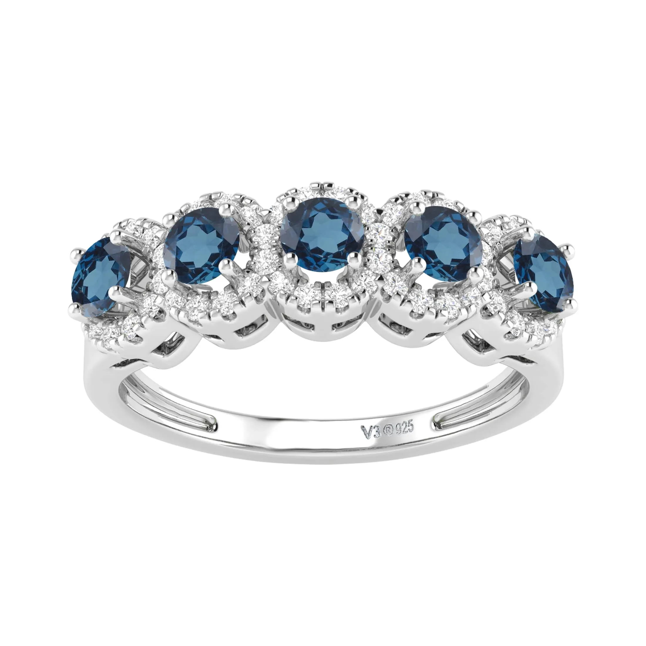 V3 Jewelry 925 Sterling Silver 1.16 Carat Natural London Blue Topaz and White Zircon Five Stone Ring sold by Zulily