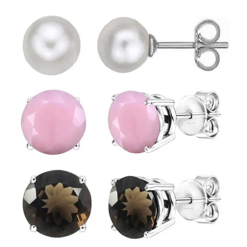 V3 Jewelry Set of Three Sterling Silver with Freshwater Pearl, Pink Opal and Smoky Quartz Stud Earring sold by Zulily