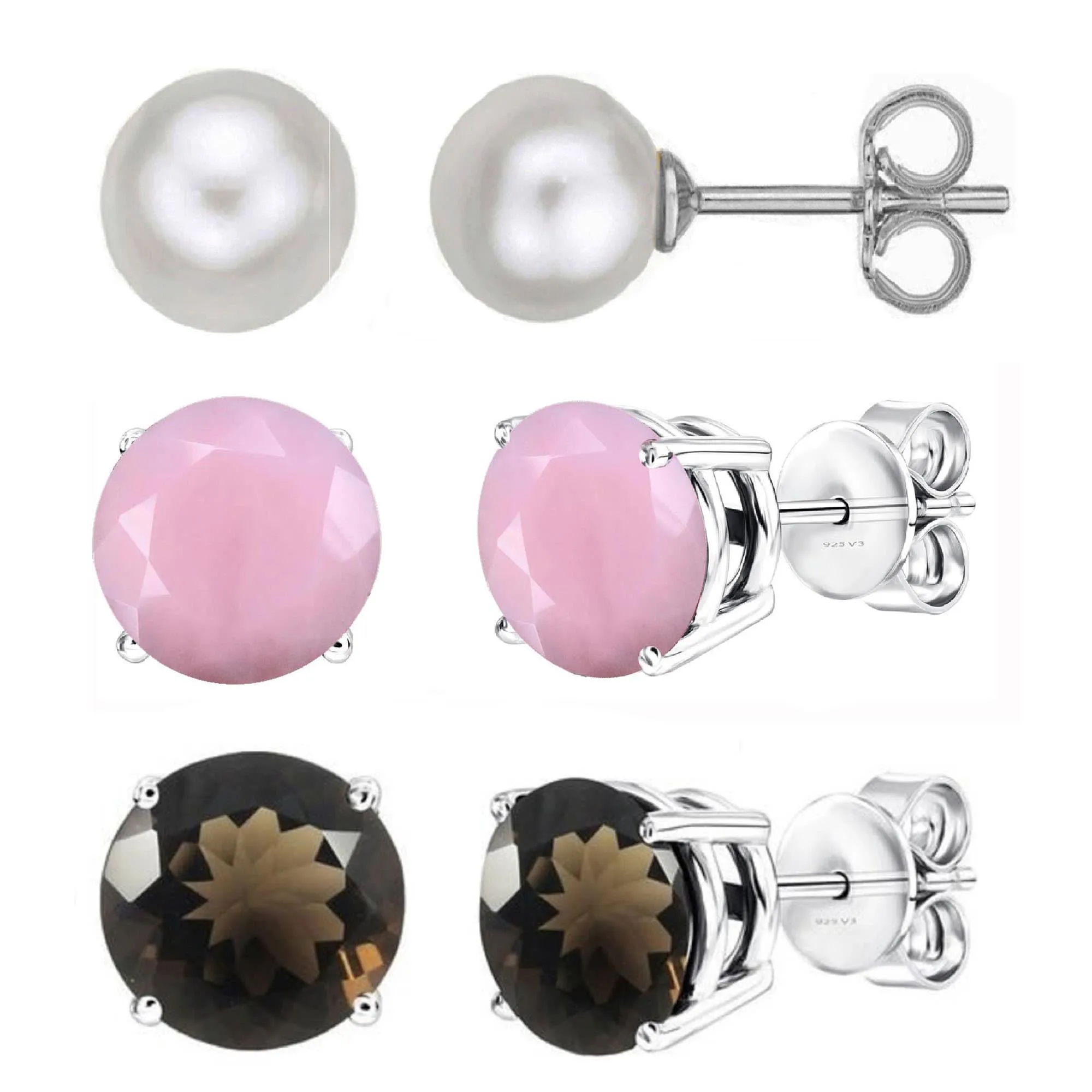 V3 Jewelry Set of Three Sterling Silver with Freshwater Pearl, Pink Opal and Smoky Quartz Stud Earring sold by Zulily