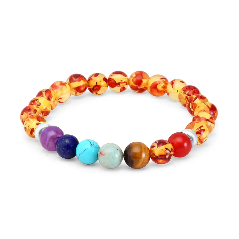 V3 Jewelry Sterling Silver Genuine Chakra and Amber Beads Stretch Bracelet sold by Zulily