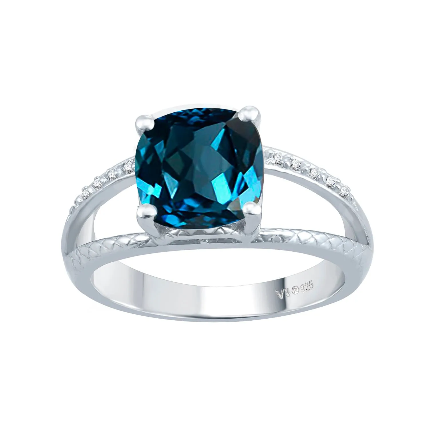 V3 Jewelry 925 Sterling Silver 2.30 Carat Cushion cut Natural London Blue Topaz and White Topaz Split-Shank Cocktail Ring sold by Zulily