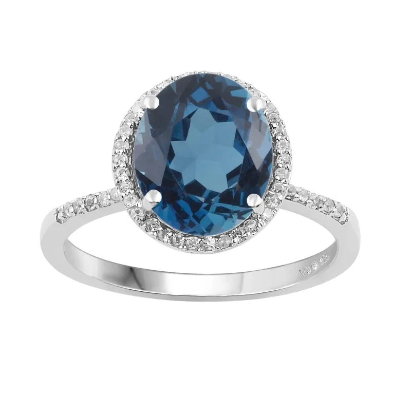 V3 Jewelry 925 Sterling Silver 3.55 Carat Oval Cut Natural London Blue Topaz and White Topaz Halo Ring sold by Zulily
