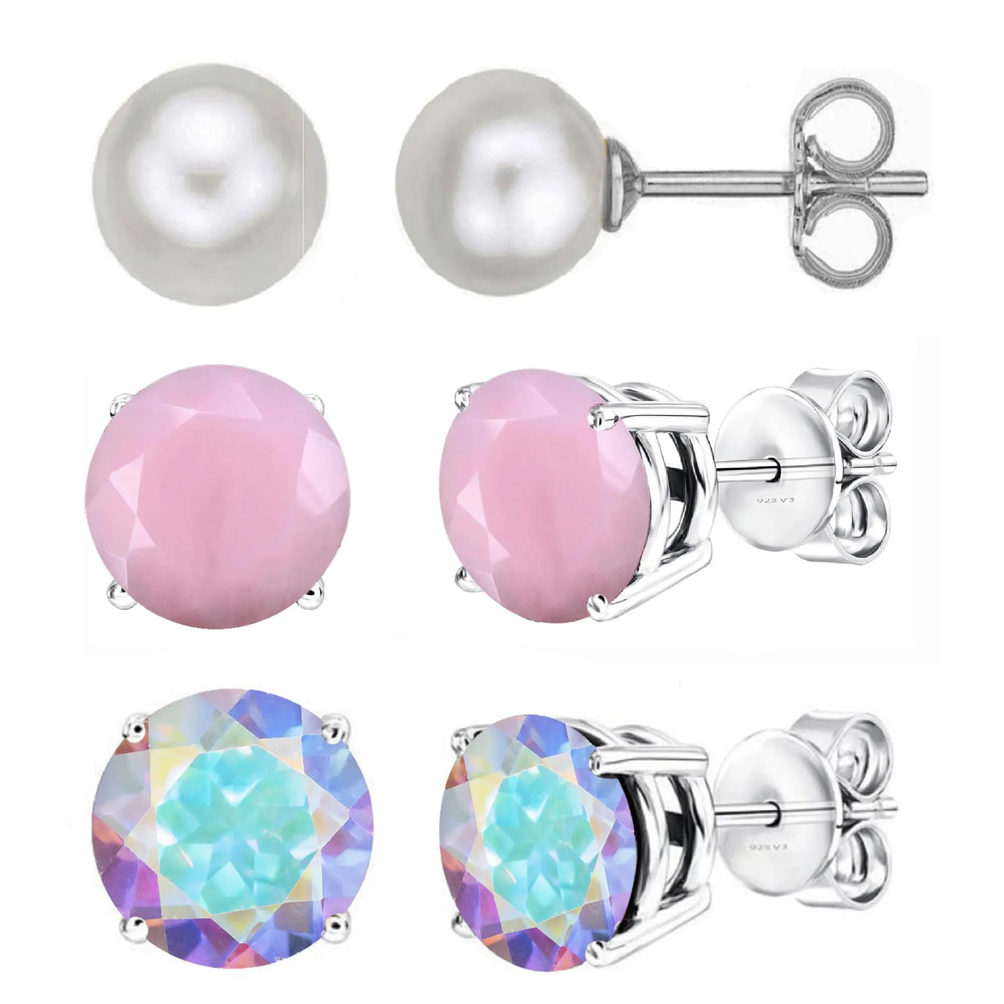 V3 Jewelry Set of Three Sterling Silver with Freshwater Pearl,Pink Opal and Mercury Opal Topaz Stud Earring sold by Zulily