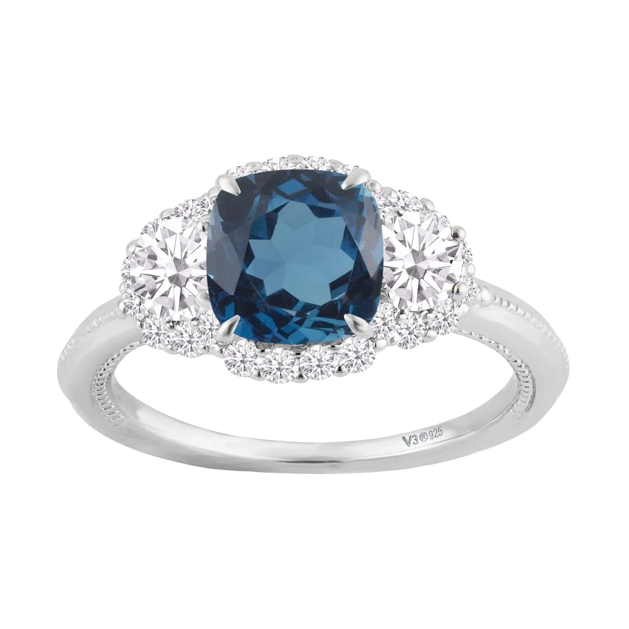 V3 Jewelry 925 Sterling Silver 2.43 Carat Natural London Blue Topaz, Moissanite and White Zircon Three Stone Ring sold by Zulily product image thumbnail 3