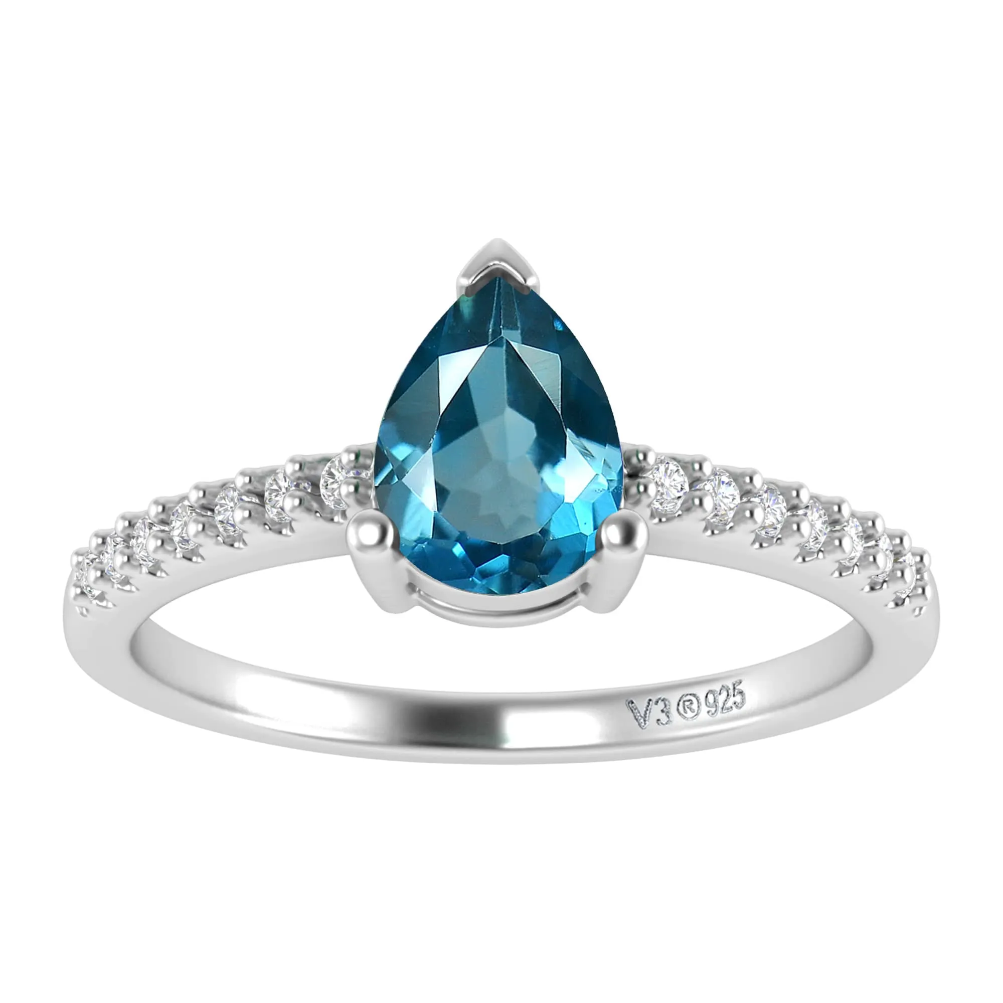 V3 Jewelry 925 Sterling Silver 0.85 CTTW Pear Cut Natural London Blue Topaz and White Topaz Engagement Ring sold by Zulily