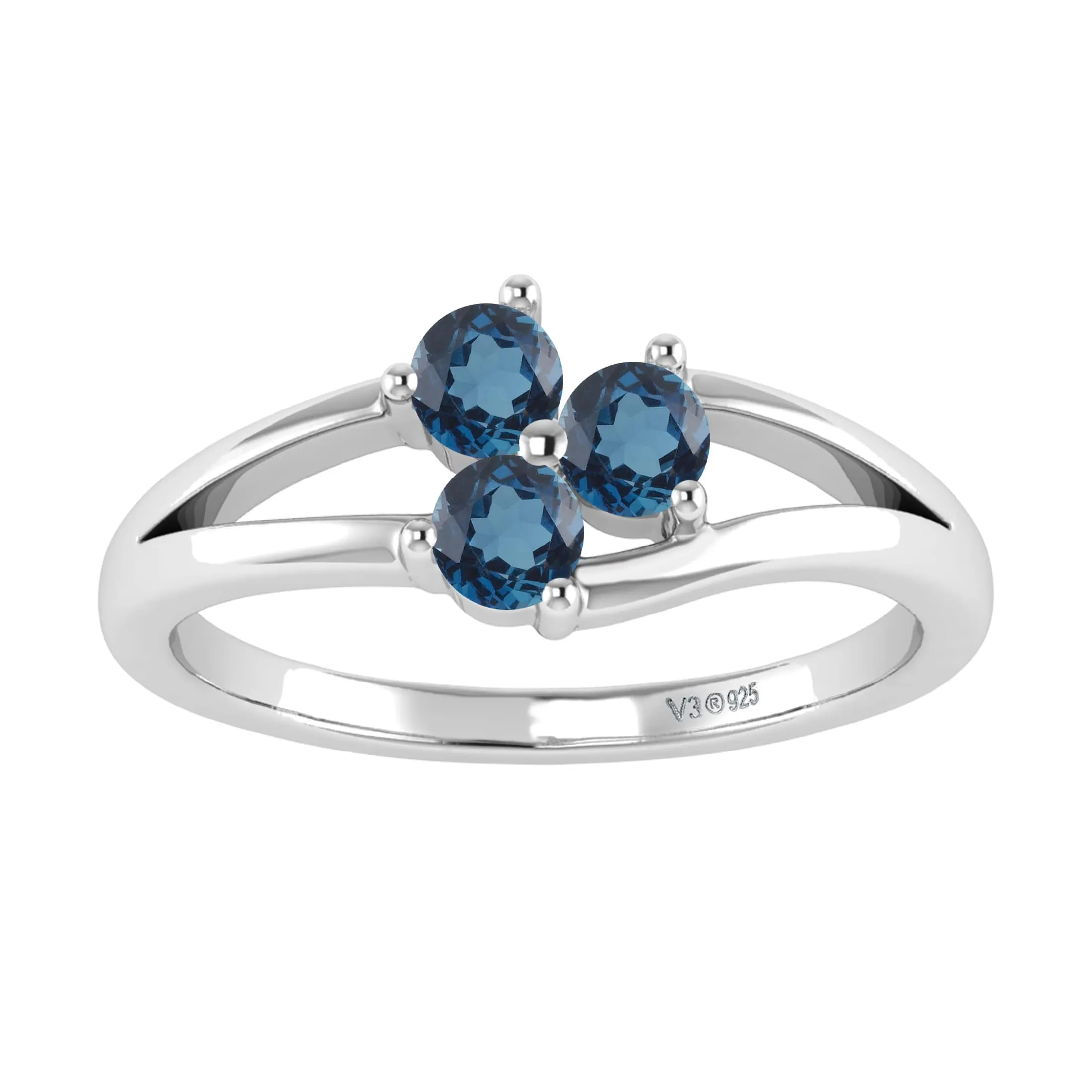 V3 Jewelry 925 Sterling Silver Round Cut 0.45CT London Blue Topaz Three Stone Ring sold by Zulily