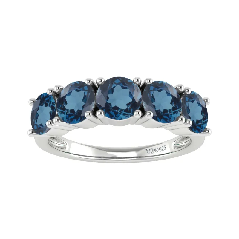 V3 Jewelry 925 Sterling Silver 2.35 Carat Round Cut Natural London Blue Topaz Five Stone Band Ring sold by Zulily