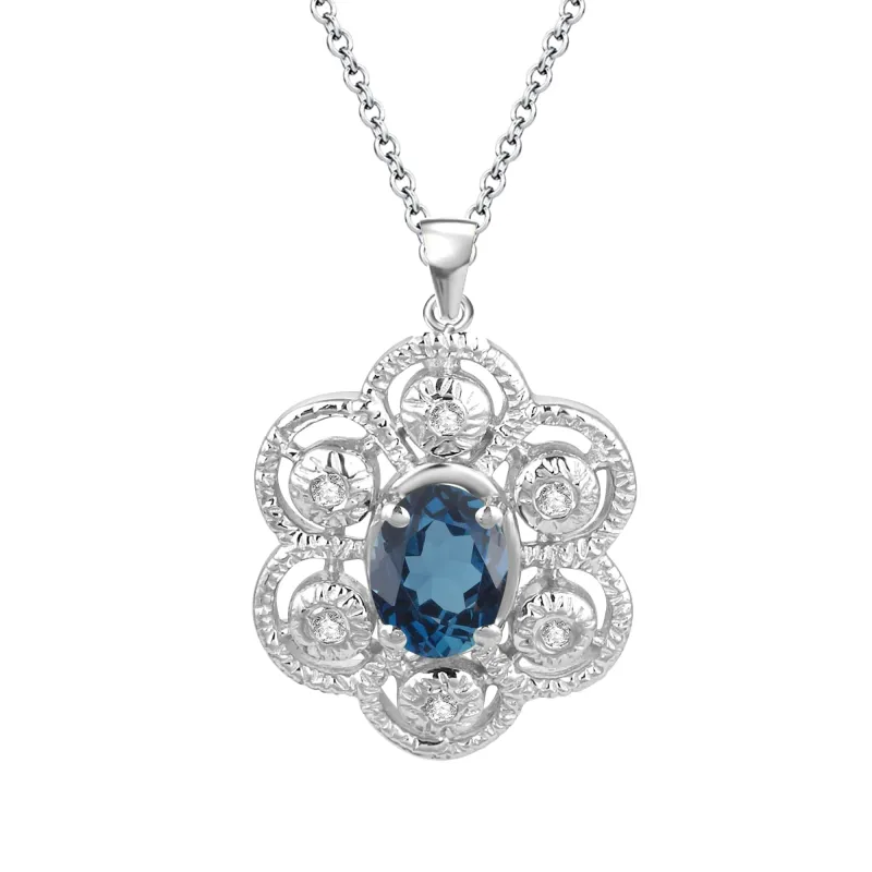 V3 Jewelry Sterling Silver Oval Cut Natural London Blue Topaz and White Topaz Floral Pendant with 18" Chain sold by Zulily