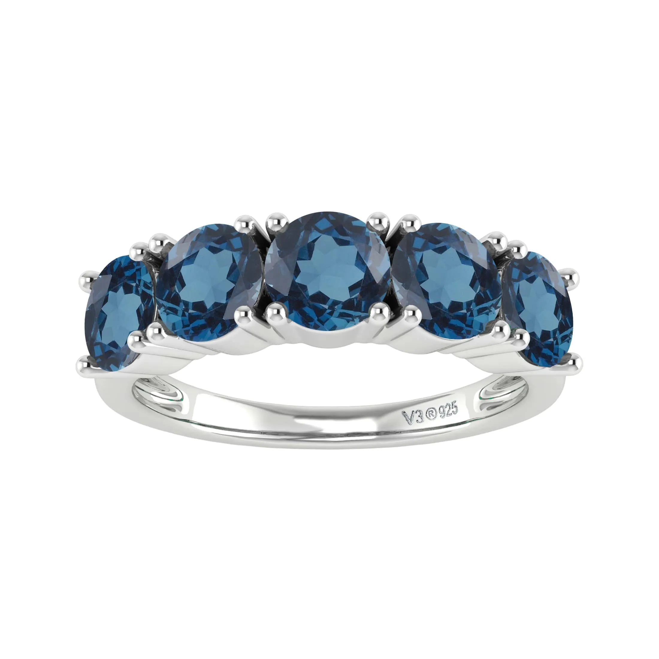 V3 Jewelry 925 Sterling Silver 2.35 Carat Round Cut Natural London Blue Topaz Five Stone Band Ring sold by Zulily